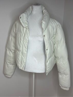 Women's White Cropped Puffer Jacket with High Collar